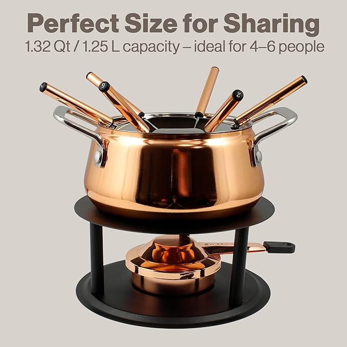 Swissmar Peak 10-Piece Copper-Plated Stainless Steel Fondue Set - Ideal for Oil & Broth Fondue - Perfect for Kitchen Collection & Wedding Gift Giving - 1.25 Liter / 1.32 Quarts