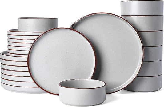 Famiware Nebula Ridge Stoneware Dinnerware Sets for 8, 24 Pieces Plates and Bowls Sets, Dishes Set, Microwave and Dishwasher Safe Kitchen Plates, Light Gray