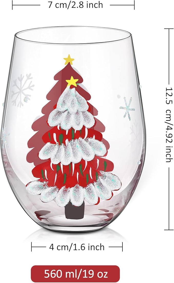 Joeyan Christmas Crystal Red Stemless Wine Glasses,Hand Painted Red or White Wine Glass Tumbler Cups,Large Xmas Tree and Snowflakes Patterned Drinking Glasses,Gift for Men Women Family,19 oz,Set of 2