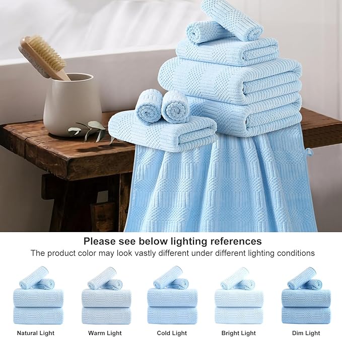 18 Pcs Blue Woven Family Towels Set-6 Bath Sheets,6 Hand Towels,6 Washcloths Soft Microfiber Towels Absorbent Shower Towel Quick Dry Beach Chair Towel Lint Less Towels Set for Bathroom Spa Gym Hotel
