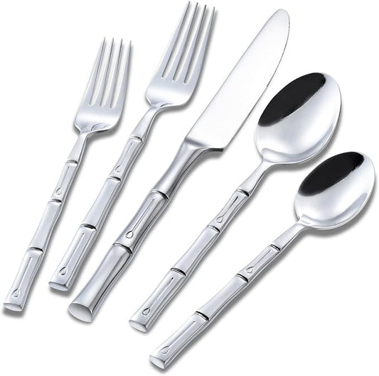 Flatware Set Silverware Set Stainless Steel Cutlery Set Bamboo Pattern Mirror Finished 60 Pieces Party Event Use Wedding Housewarming Gift Service for 12
