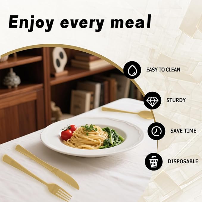 150 Pack Disposable Plastic Silverware, Heavy Duty Gold Plastic Cutlery Set Includes 50 Forks 50 Knives 50 Spoons for Birthday Wedding Party Picnics (150, Gold)