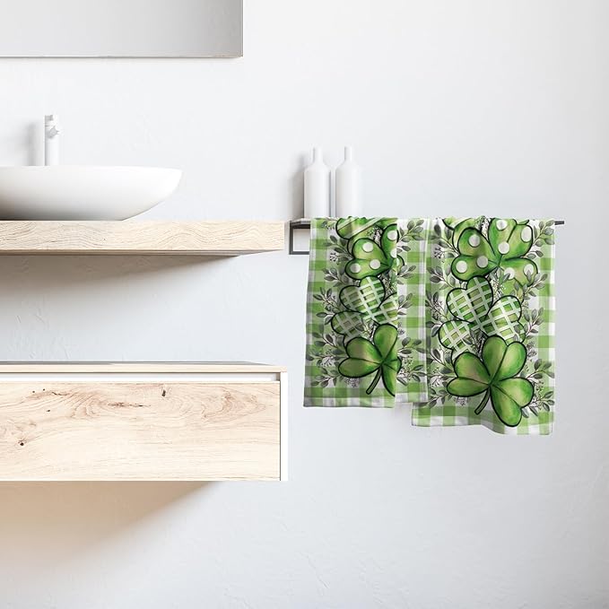 Imiss St. Patrick's Day Kitchen Towels Set of 2 Shamrock Eucalyptus Dish Tea Towels Green Buffalo Plaid Seasonal Spring Washcloth 14.4 x 28.3 Inch for Holiday Bathroom, Spa, Hotel