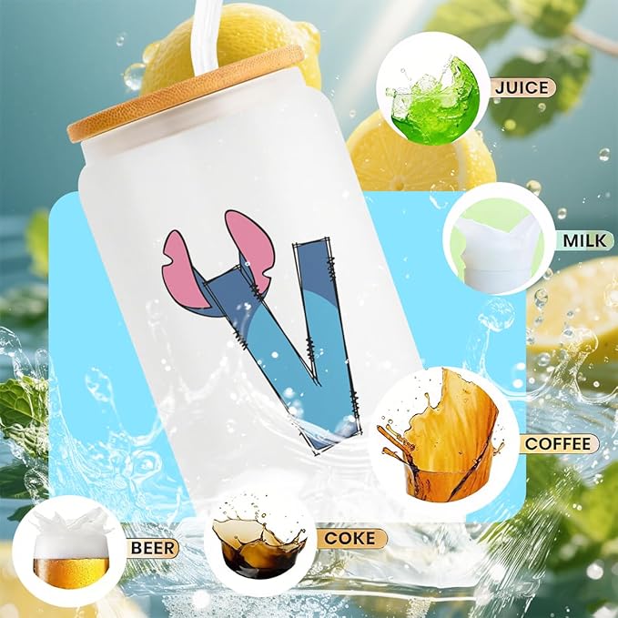 Cute Cartoon Lover Gifts Initial A-Z Personalized Iced Coffee Cup Cartoon Merch 16oz Glass Cup with Lid and Straws Birthday Christmas Gifts for Women Teen Girls Fans (Letter V)