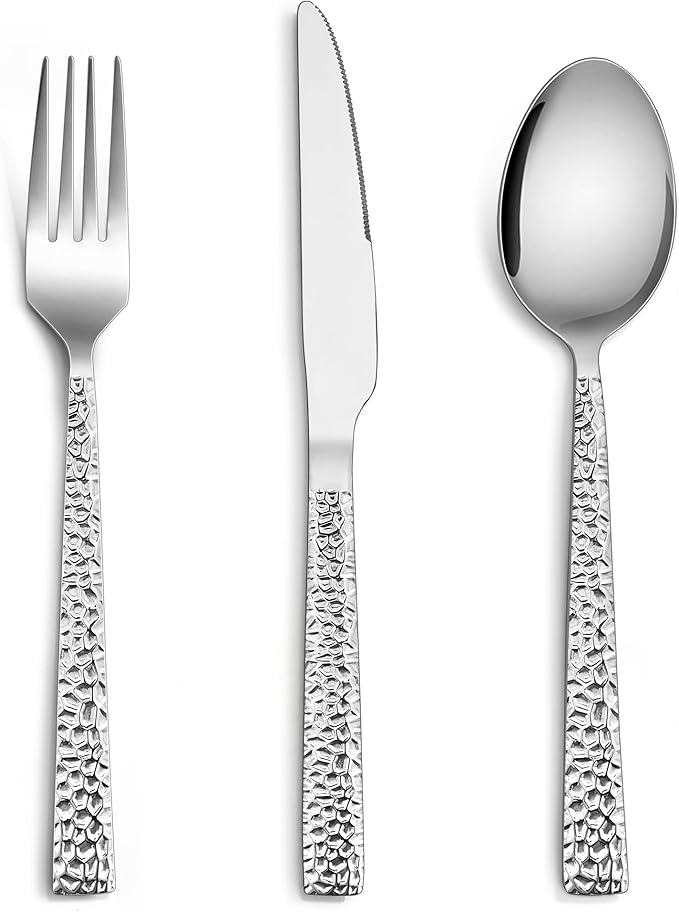 E-far 12-Piece Hammered Forks Spoons and Knives Set, Silverware Set for 4, Stainless Steel Square Flatware Set for Home Kitchen Restaurant, Mirror Polished & Dishwasher Safe