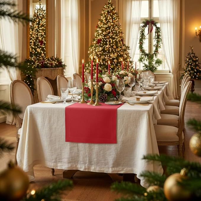 D'Moksha Homes Linen Bright Red Table Runner 90 Inches Long - 100% Pure Linen 14 x 90 Inch Table Runner for Dining, Winter, Holiday, New Year - Machine Washable