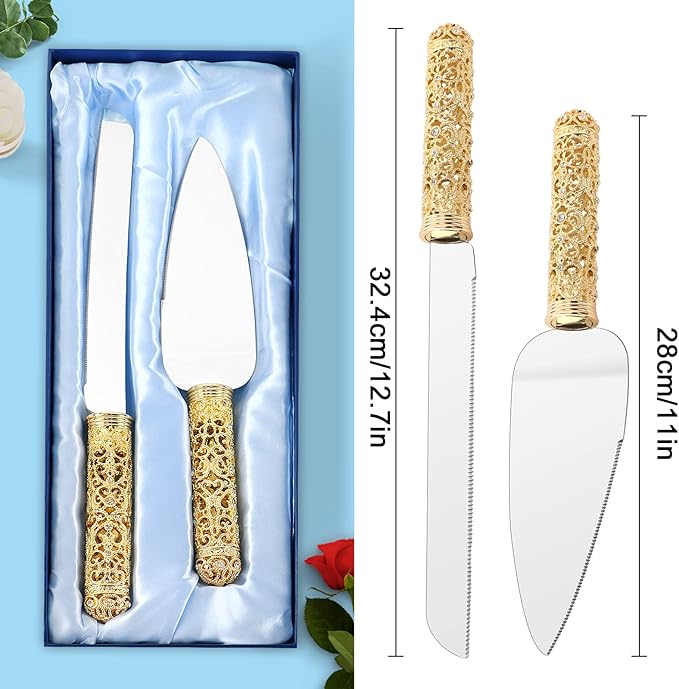 Gold Cake Knife and Server Set - 2 Piece Dessert Set Metal Handle with Crystal Stones Decoration for Wedding, Anniversary Party Birthday Banquets and Gifts for Bride and Groom