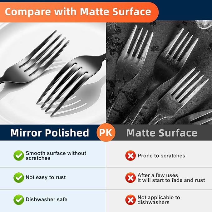 12 Piece Dinner Forks, 8 Inch, Top Food Grade Extra-Fine Stainless Steel Silverware Forks，Silverware Set, Dishwasher Safe （Black)