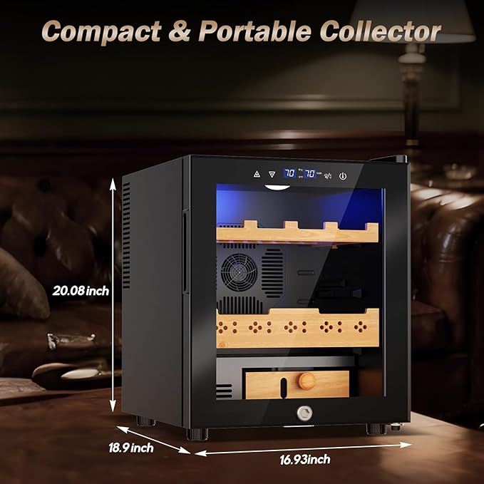 Electric Humidor-50L Cooling & Heating Humidor, Smart Touch Control Humidity & Temp Humidors wtih Spanish Cedar Wood Tray, Digital Display, Safety Lock, Desktop Gift for Men
