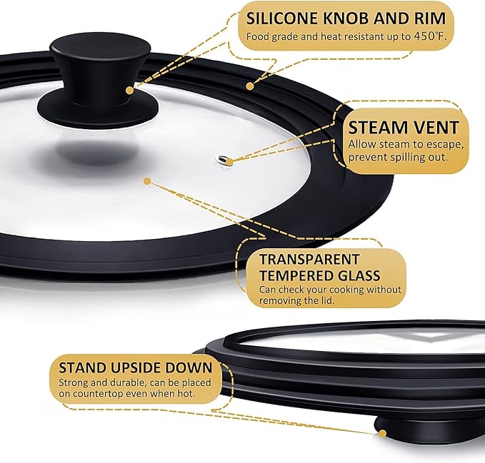 Universal Lids for Pots, Pans & Skillets - Fits 6.5", 7" & 8" Diameter, 9.5", 10" & 11" Diameter Cookware，Tempered Glass with High Heat Resistant Silicone Rim-2PK Cookware（2PK）