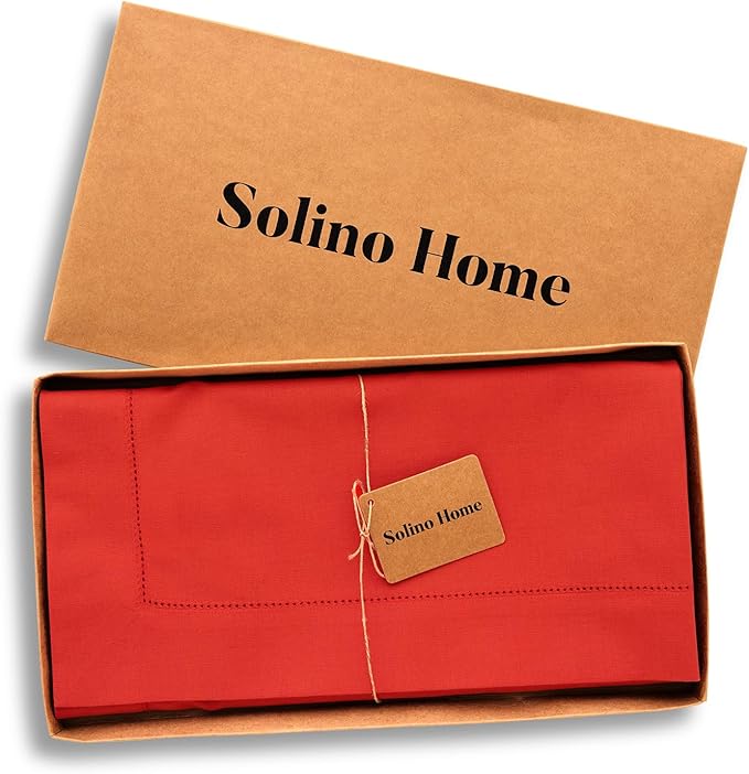 Solino Home Cotton Linen Tablecloth 52 x 52 Inch - Hemstitch Poppy Red Square Tablecloth - Machine Washable Table Throw for Valentines, New Year