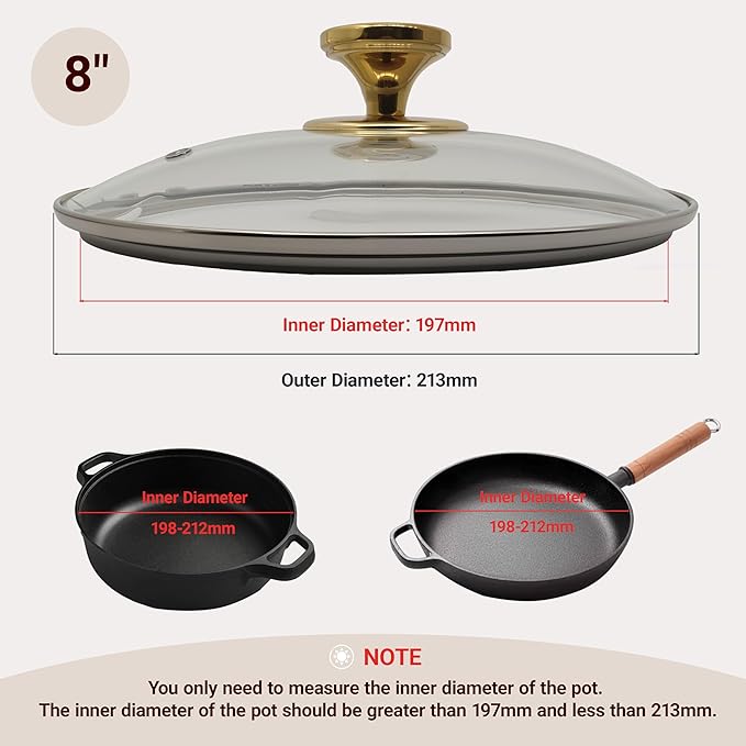 8 Inch Pan Lid for Frying Pan, 4mm Tempered Glass Pot Lid, Compatible with Dishwasher and Ovens