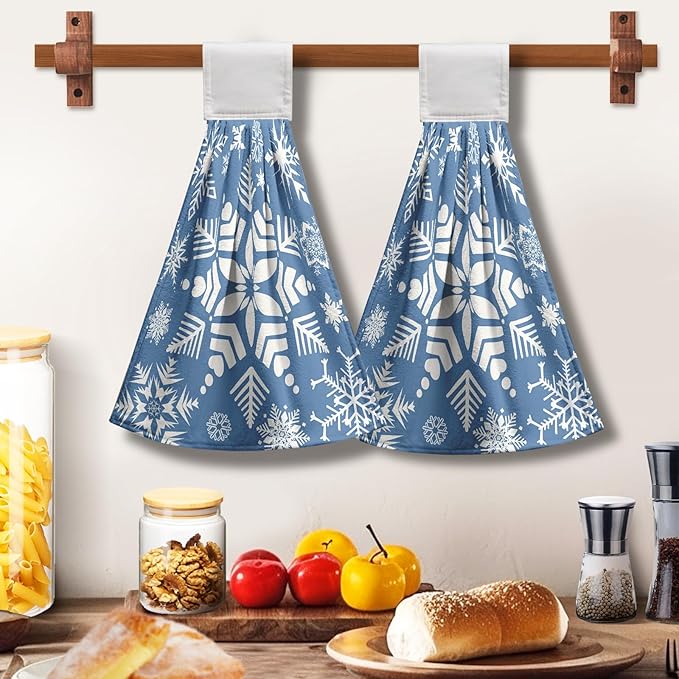 Snowflakes Winter Hanging Kitchen Towels Blue Snow Hand Tie Towel for Bathroom Holiday Decor Soft Absorbent Hanging Dish Towels for Home Accessories