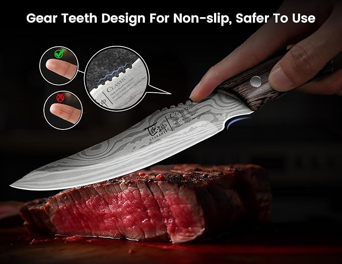 Steak Knives Set of 6 with Drawer Organizer, 4.8 Inch High Carbon Japanese Style Non Serrated Meat Knife with Wood Handle, Damascus Pattern Full Tang Design, Razor-Sharp Dinner Knives
