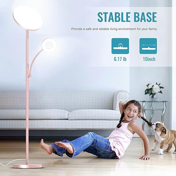 Pink Floor Lamp, 42W 4000LM Super Bright LED Room Lamp with Adjustable Reading Light,Dimmable Modern Standing Lamp with Remote & Touch Control for Room Bedroom Office Floor Light