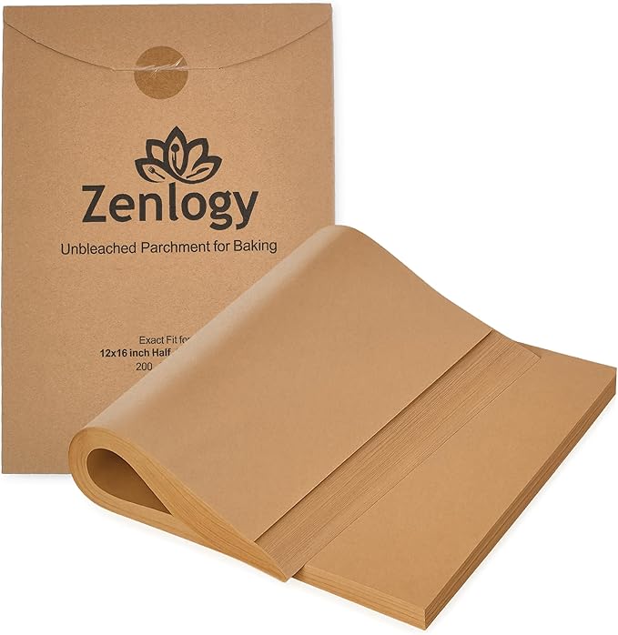 Zenlogy Parchment Paper Sheets 12x16 (200 sheets) for Baking - Unbleached Chlorine-free High Heat Non-Stick Pre-Cut Parchment Paper for Half Sheet Pans