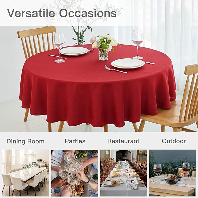maxmill Round Linen Textured Tablecloth Spill-Proof Wrinkle Free Washable Wipeable Table Cloth for Circular Table Cover, Dining Room Tablecloths Banquet Christmas Party Holiday Dinner, 70 Inch, Red