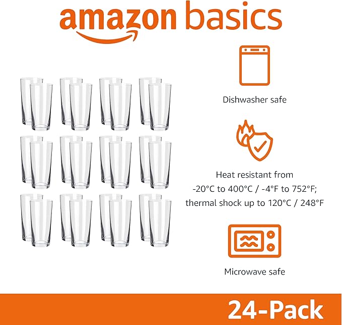 Amazon Basics Admiral Cooler Borosilicate Glass Cup, 14.7 oz, Microwave-Safe, Commercial-grade, 24-Pack, Transparent