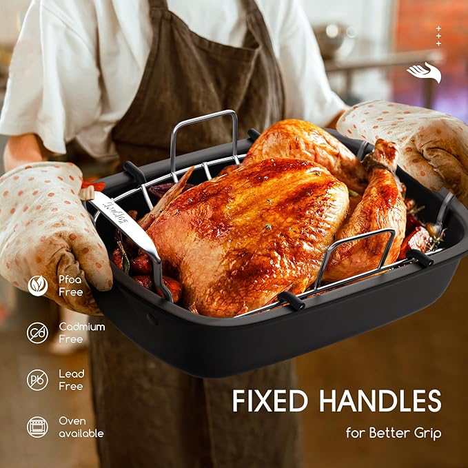 Nonstick Turkey Roasting Pan with Rack, 17 x 13 Inch Turkey Pan, large roaster pan for Meat & Vegetable, (Silver)
