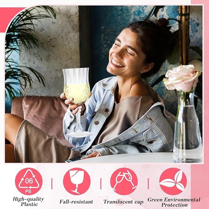 Pinkunn 24 Pcs 7 oz Plastic Vintage Wine Glasses Reusable Colored Goblets Patterned Drinking Water Glasses Cup Dishwasher Safe for Christmas Wedding Reception Party Supplies (Transparent)