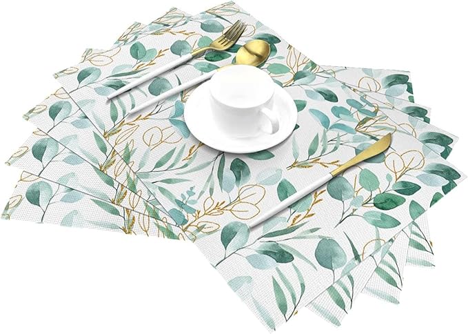 Sage Green Leaves Placemats Set of 4 Cute Botanical Dining Table Mats Washable Place Mats for Kitchen Dinner Spring Summer Parties Wedding Decorative 12"x18"