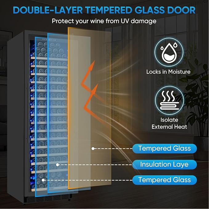 Large Wine Fridge, 200 Bottles Wine Fridge with Fast Cooling and Intelligent Temperature Memory, Wine Cooler Refrigerator Freestanding or Built-in, Professional Wine Cellar with Glass Door