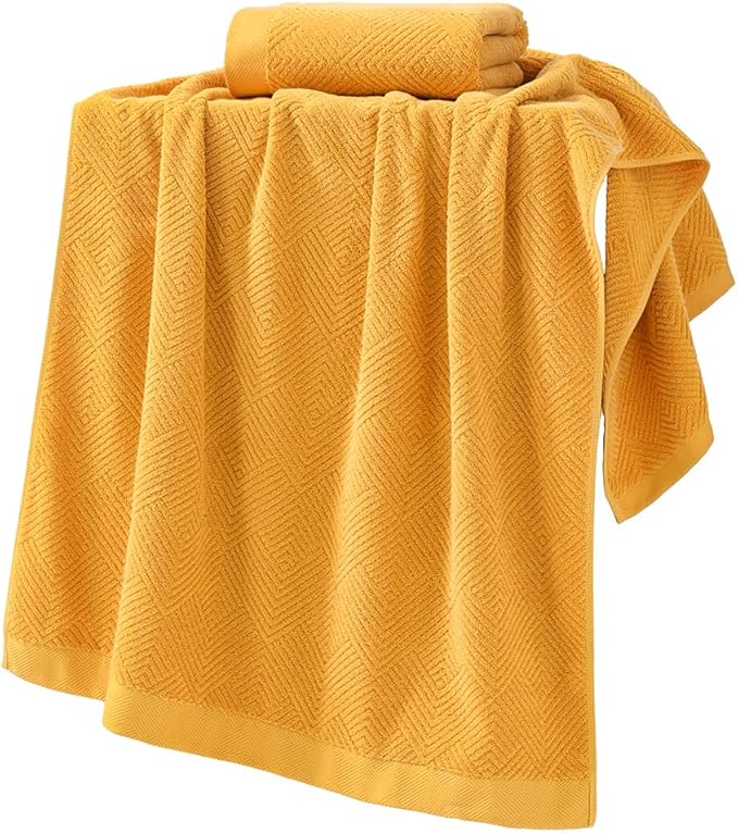 sense gnosis Yellow Bath Towels Set of 2 Striped Weave 100% Terry Cotton Towel Super Soft Highly Absorbent Bath Towel for Bathroom 27" X 55"
