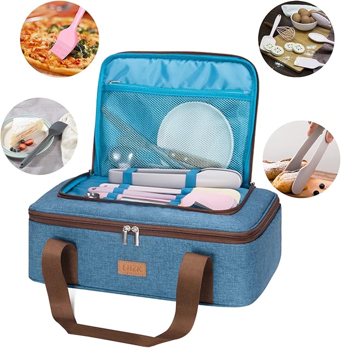 LHZK Double Decker Insulated Casserole Carrier for Hot or Cold Food, Expandable Hot Food Carrier, Lasagna Holder Tote for Potluck Parties, Picnic, Beach, Fits 11 x 15 or 9 x 13 Baking Dish (Blue)