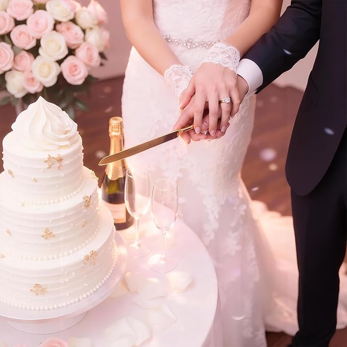 4 Piece Wedding Cake Cutting Set, Knife and Server with Forks, Elegant Wedding Cake Knife and Server Set for Bride and Groom(Gold)