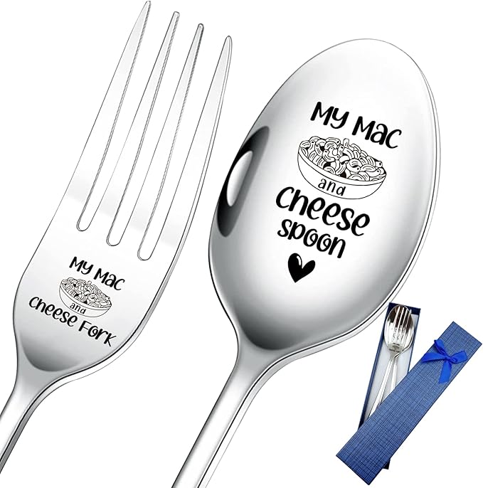 2 Pieces My Mac and Cheese Stainless Engraved Spoon Fork Set, Kitchen Restaurant Long Handle Dinner Spoons and forks for Friends,Women,Sister Birthday Cheese macaroni Lovers Christmas Gifts