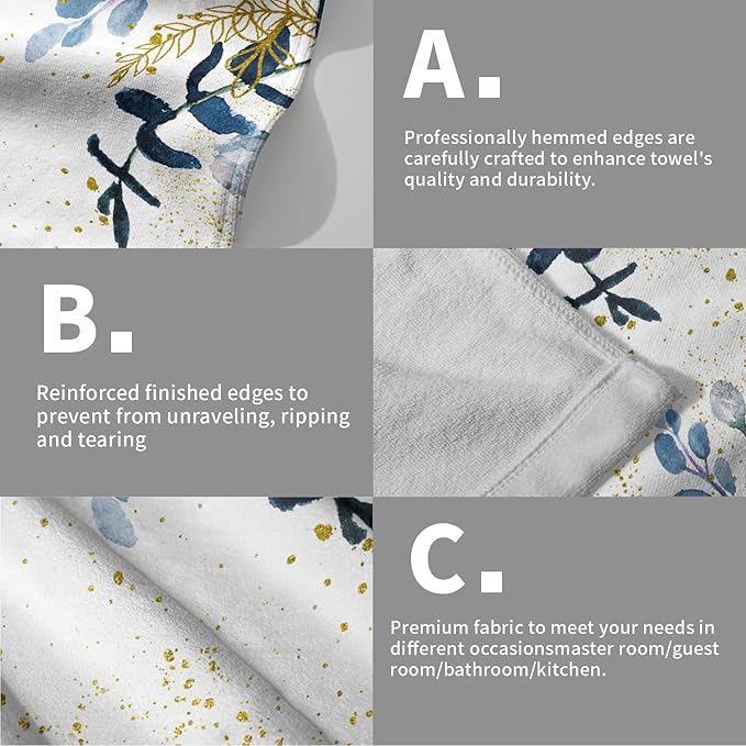 Imiss Navy Blue Eucalyptus Leaves Bathroom Towels 2Pcs, Watercolor Botanical Nature Plant Hand Fingertip Towel 14.4 x 28.3 Inch Multipurpose Kitchen Dish Cloth for Home Spa Yoga Sport Hotel