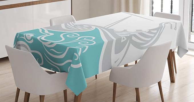 Ambesonne Kraken Tablecloth, Viking Longship Sailing into The Waves with Scandinavian Shields Retro Display, Rectangular Table Cover for Dining Room Kitchen Decor, 60" X 90", Blue Grey