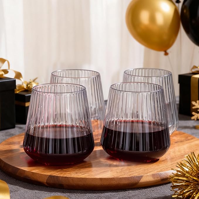 Ciaell 30 Pack Plastic Ribbed Wine Glasses - 14 OZ Thicker Origami Stemless Disposable Wine Champagne Whiskey Unbreakable Cocktail Glass, Reusable Wine Cups for Party Wedding Bar Christmas New Year