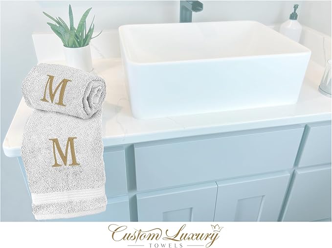 Monogrammed Hand Towels for Bathroom | Luxury Turkish Cotton | Embroidered in USA | Set of 2 | Choose Set Color and Monogram Color | A - Z | Modern Font