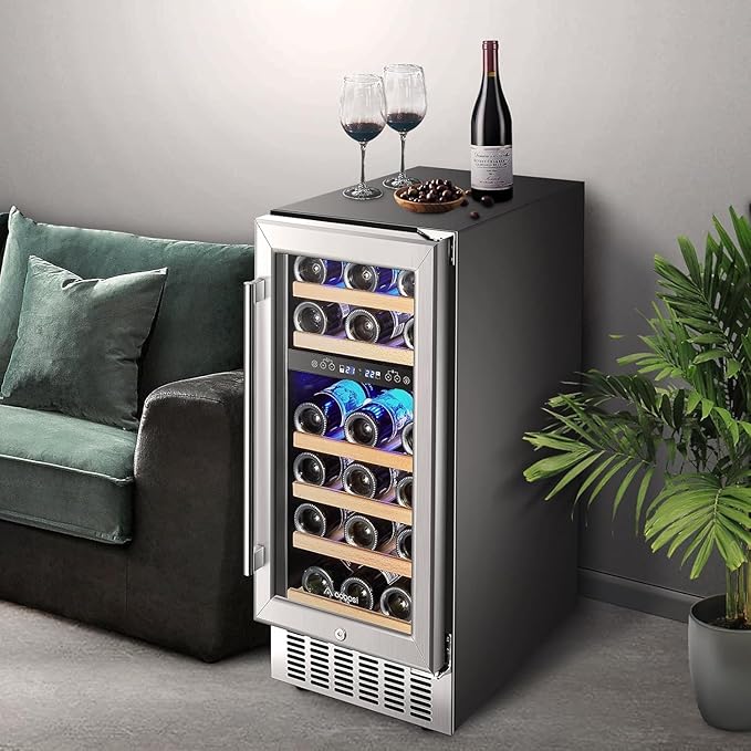 AAOBOSI 15 Inch 28 Bottles Wine Fridge,41-68°F Dual Zone Wine Cooler, Visualized Temperature Regulation, Designed For Large Wine Bottles, 5 Adjustable Shelves,Temperature Memory Function