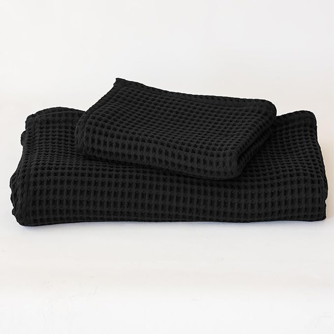 2-Piece Waffle Towels Set for Bathroom Black - Soft 100% Turkish Cotton Quick-Dry Lint-Free Waffle Weave Thin Bath and Hand Towels (Black, Set of 2 Mix Towels)