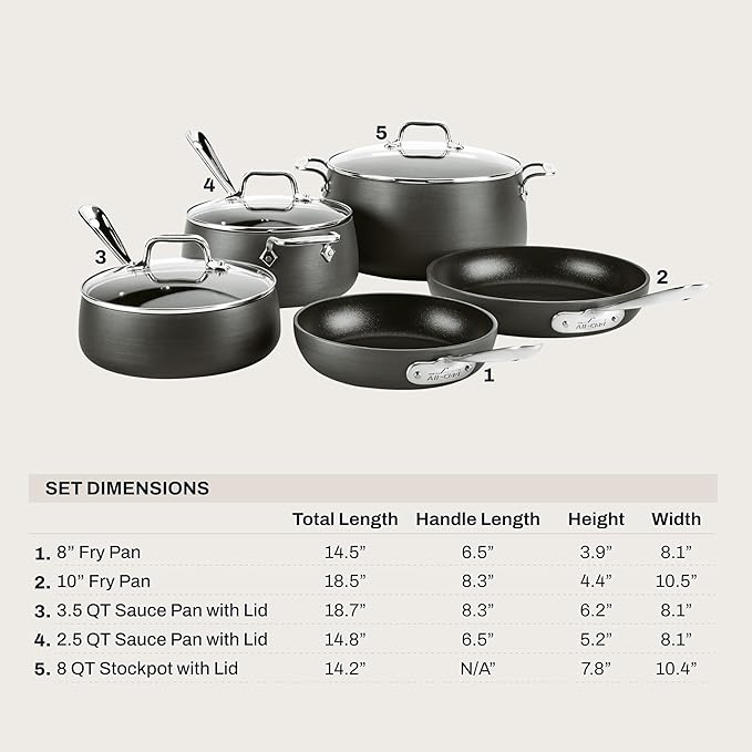 All-Clad HA1 Hard Anodized Nonstick Pots and Pans Set Non Stick Cookware Sets, Oven Broiler Safe 500F, Black