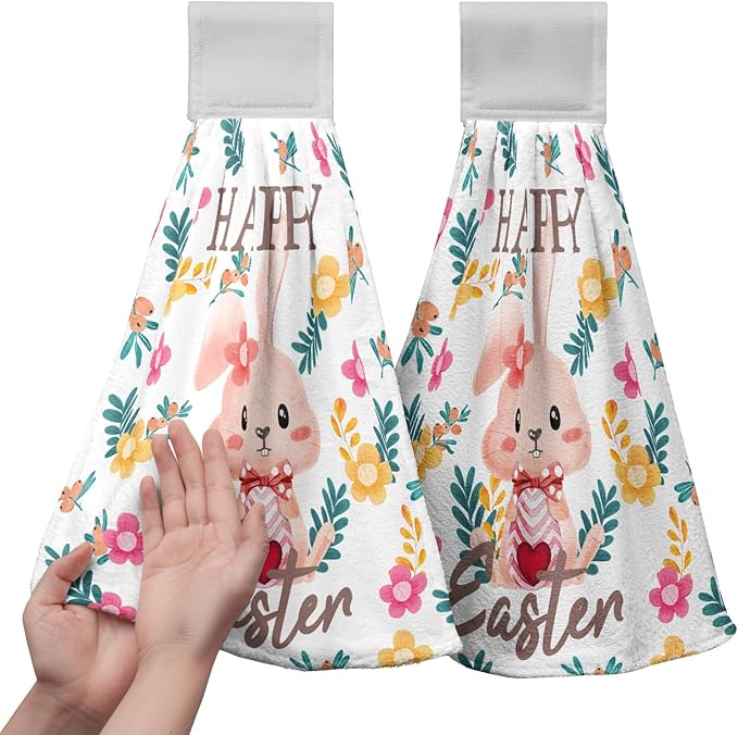 Easter Bunny Hanging Dish Towels 2 Pcs Easter Rabbit Soft Hand Tie Towels Spring Floral Kitchen Towel with Hanging Loop for Bathroom Kitchen Home Decor