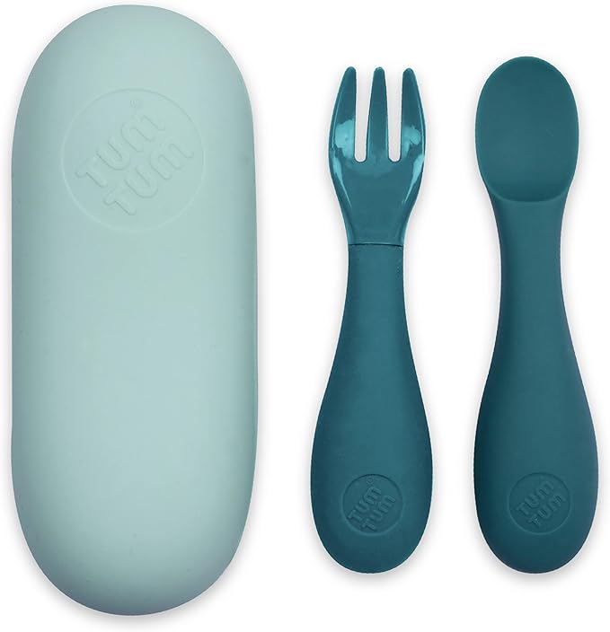 TUM TUM Baby Cutlery with Case, Baby Spoon & Fork Set, Baby Cutlery for Babies, First self Feeding Cutlery, Silicone Baby Spoon & Fork, 6 Months Plus, (Blue)