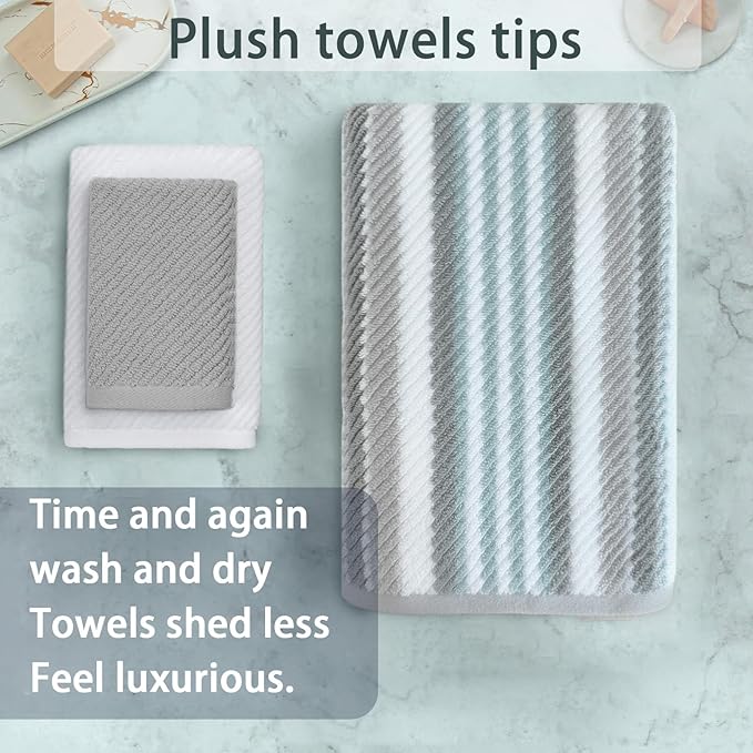 VOOVA & MOVAS 3PCS Bathroom Towels, 100% Cotton, Quick Dry, Thick, Soft, 1PC Stripe Bath Towel 30"x54", White Hand Towel 18"x28", Gray Washcloth 13"x13", Bathroom Essentials
