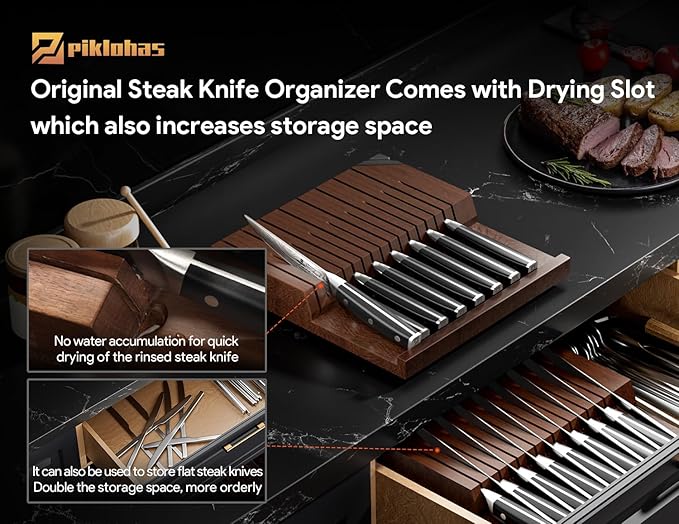 Steak Knives Set of 8 with Drawer Organizer Built-in Sharpener, 4.6 Inch Non Serrated Dinner Knife, Forged German Steel Damascus Pattern Straight Edge Meat Knife with Full Tang Handle, Black