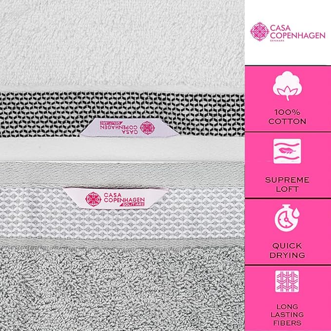 CASA COPENHAGEN Solitaire Mix 6 Pieces Towel Set- White + Grey Violet, 600 GSM 2Bath Towel 2Hand Towel 2Washcloth, Designed in Denmark Made of Soft Egyptian Cotton for Bathroom, Kitchen & Shower