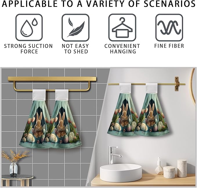 Easter Bunny Hanging Kitchen Towels 2 Pcs Easter Rabbit Eggshell Dish Tie Towels Spring Tulip Flowers Hand Towel with Hanging Loop for Bathroom Soft Home Kitchen Decor