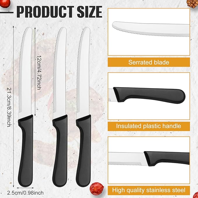 Zhehao 150 Pcs 8.39 Inches Steak Knife Sets Black Stainless Steel Serrated Edge Dinner Knives with Plastic Handle and Round Tip for Home Restaurant
