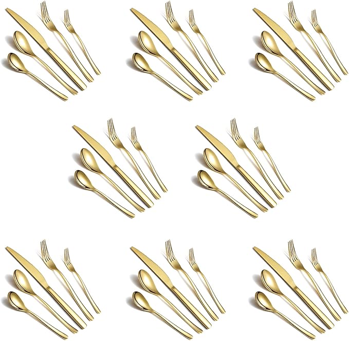 HOMQUEN 40-Piece Gold Silverware Set, Gold Flatware Set for 8, Stainless Steel Tableware Cutlery Set, Utensil Sets for Kitchen, Forks and Spoons Silverware (Shiny Gold)