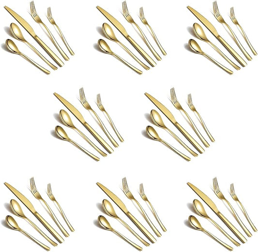 HOMQUEN 40-Piece Gold Silverware Set, Gold Flatware Set for 8, Stainless Steel Tableware Cutlery Set, Utensil Sets for Kitchen, Forks and Spoons Silverware (Shiny Gold)