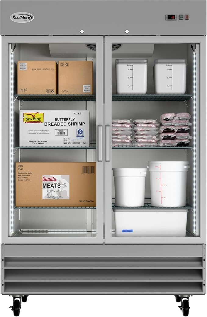 KoolMore Commercial Stainless-Steel Upright Freezer with Reach-In Self-Close Glass Doors, 6 Storage Shelves, Heavy-Duty Caster Wheels, Frost-Free Temperature Control - 47 Cu.Ft [Silver] (RIF-2D-GD)