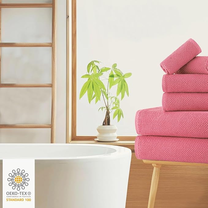 CASA COPENHAGEN Popcorn Textured 6 Pieces Towel Set- Pink, 550 GSM 2 Bath Towel 2 Hand Towel 2 Washcloth, Rough & Tough Use Cotton Towels Gift Set for Bathroom