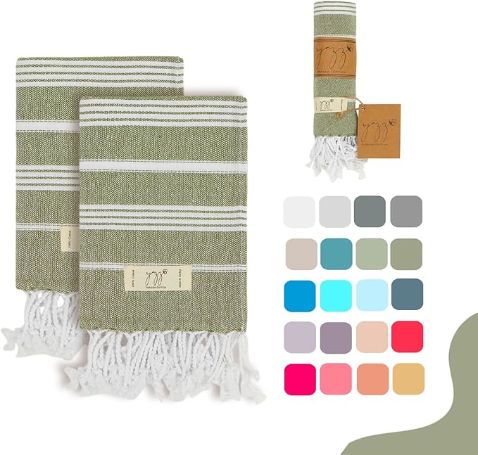 Hand Towels - Set of 2, 18" x 30" inches, Turkish Cotton owels for Bathroom Kitchen, Gym Towels - Thin Light Compact Travel Towels (Army Green)