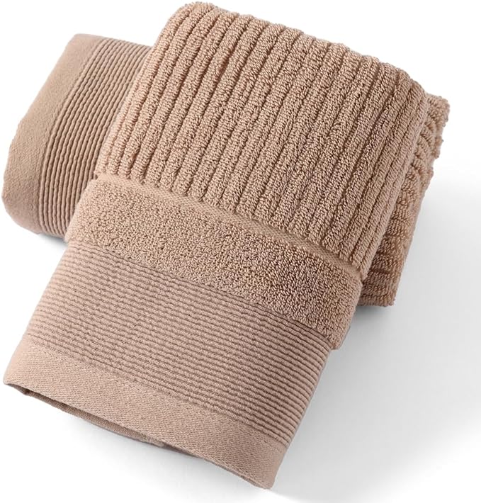sense gnosis Khaki Hand Towel Soft Ribbed Striped Pattern 100% Cotton Absorbent Luxury Decorative Towel for Bathroom 13 x 29 Inch, 2 Pieces